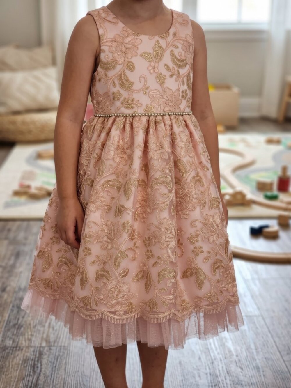 American Princess Pink Dress with Gold Lace Embroidery